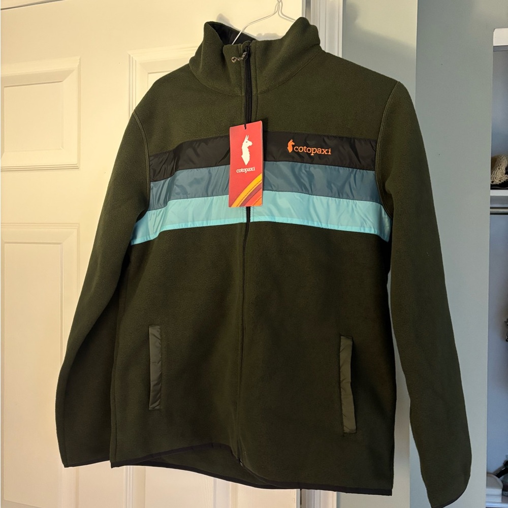Cotopaxi Fleece Olive Jacket with Aqua and Black Accents